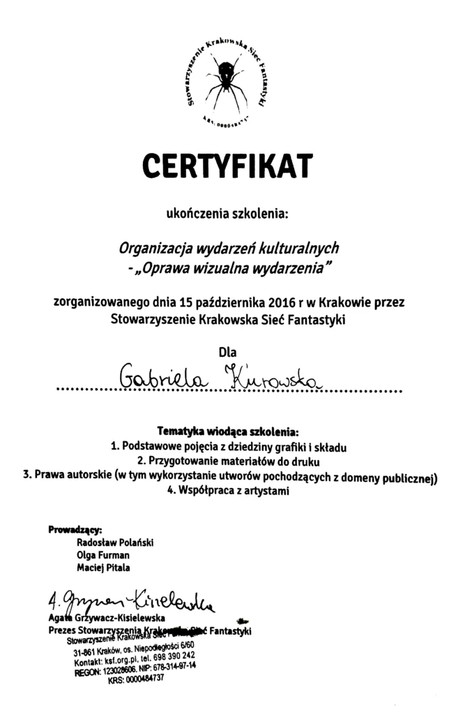 certyfikat gabriela kurowska organizacja wydarzeń kulturalnych