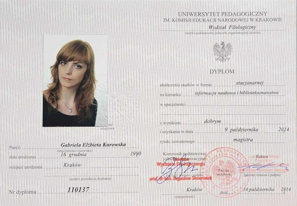 gabriela kurowska dyplom studia informacja naukowa i bibliotekoznawstwo kraków