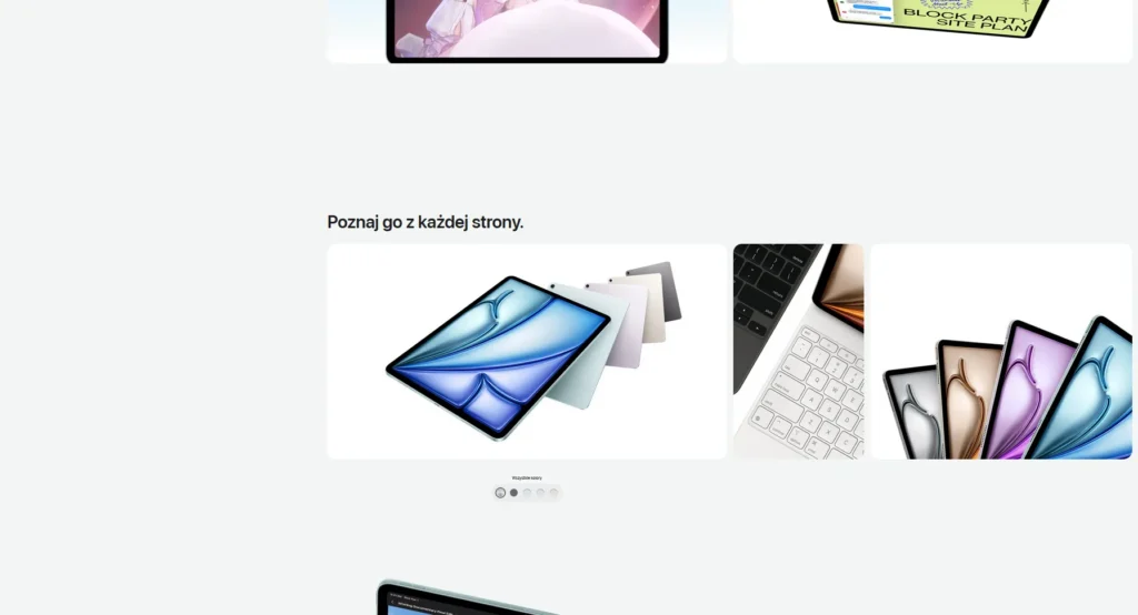 Zrzut ekranu strony Apple z iPadami, pokazujący dużą ilość wolnej przestrzeni wokół zdjęć i tekstu
